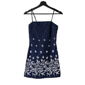 Vtg 90s 'In Charge' Rave Denim Mini Dress Glitter Floral Border Print Y2K Sz S